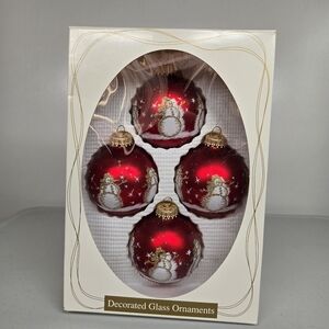 Vintage Set of 4 Christmas by Krebs Red and Gold Snow Man Glitter Glass Ornament